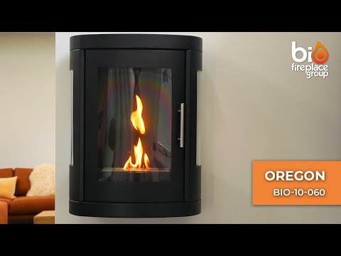 Oregon wall-mounted bioethanol stove, bio fire with 3-sided glass for elegant design and flame visibility.
