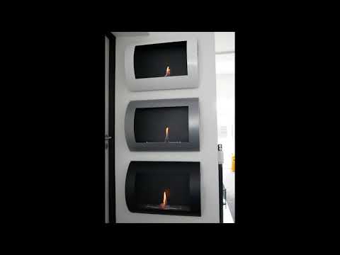 Elegant Ocean stainless steel bio wall fireplace, three units with visible flames, perfect for modern decor.