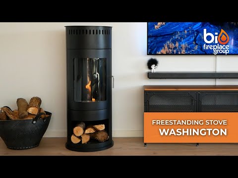 Washington bioethanol wood-burning stove in stylish black design with logs beside, perfect for modern interiors.