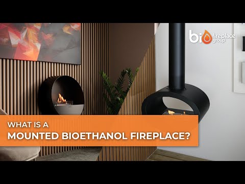 Modern bioethanol fireplace mounted on a wall, showcasing vibrant flames and contemporary design.