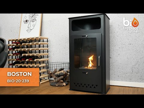 Boston Black Bioethanol Stove, a stylish freestanding fireplace with flame, no smoke or soot, perfect for modern interiors.