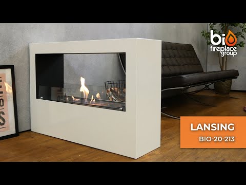 Lansing BIO-20-213 freestanding bioethanol fireplace in white, serving as a room divider with visible flames.