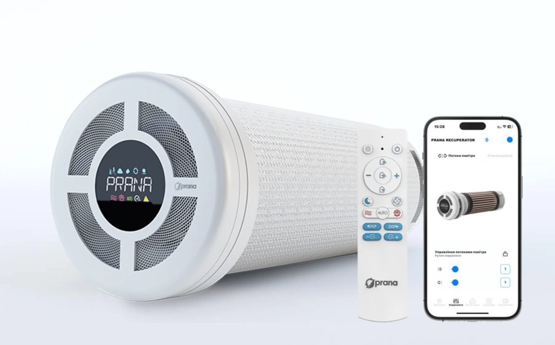 Prana 210C ERP PRO heat recovery ventilator with remote control and app, showcasing advanced ventilation technology.