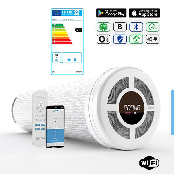 Recuperator PRANA 210C STANDARD heat recovery ventilation system with WiFi control and energy efficiency rating.