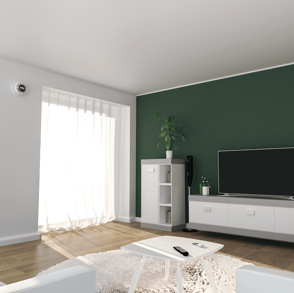 Modern living room featuring a heat recovery ventilation unit, promoting fresh air and energy efficiency.
