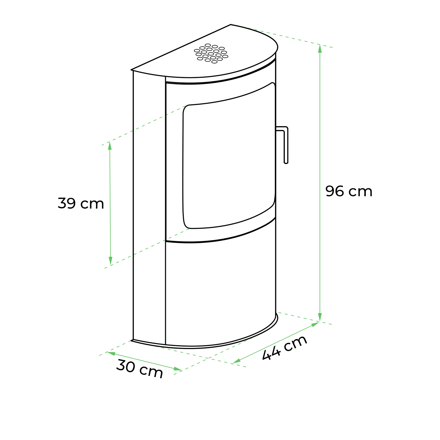 Dimensions and design of Richmond Bioethanol Fireplace Stove with Flat Back, showcasing its freestanding design.
