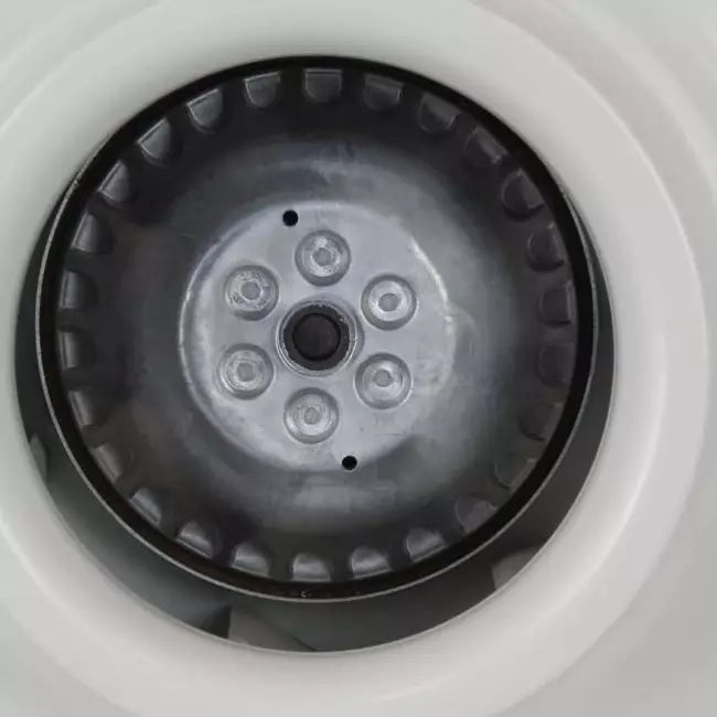 Close-up view of the fan blade design on the Ruck RS 160 10 inline duct fan, showcasing its robust structure.