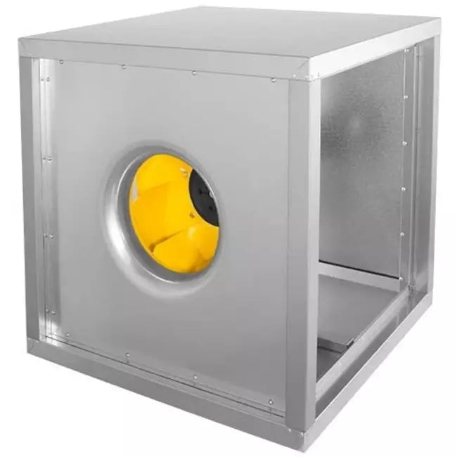 Acoustic commercial kitchen inline exhaust fan RUCK MPC 500 E4 21 with yellow fan blade and insulated metal casing.