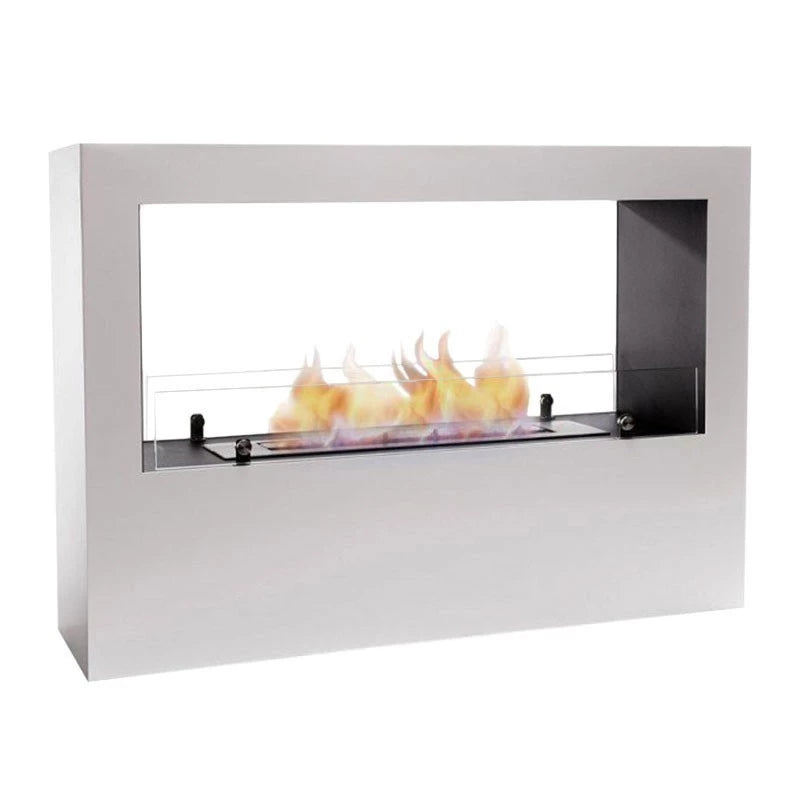 Lansing freestanding bioethanol fireplace in white with visible flames, ideal as a room divider.