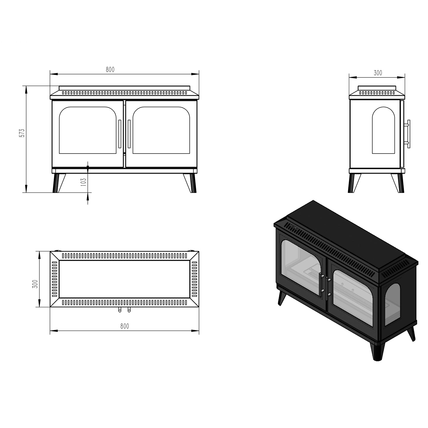 Dimensions and design blueprint of the Atlanta Double Bioethanol Stove by ScandiFlames.