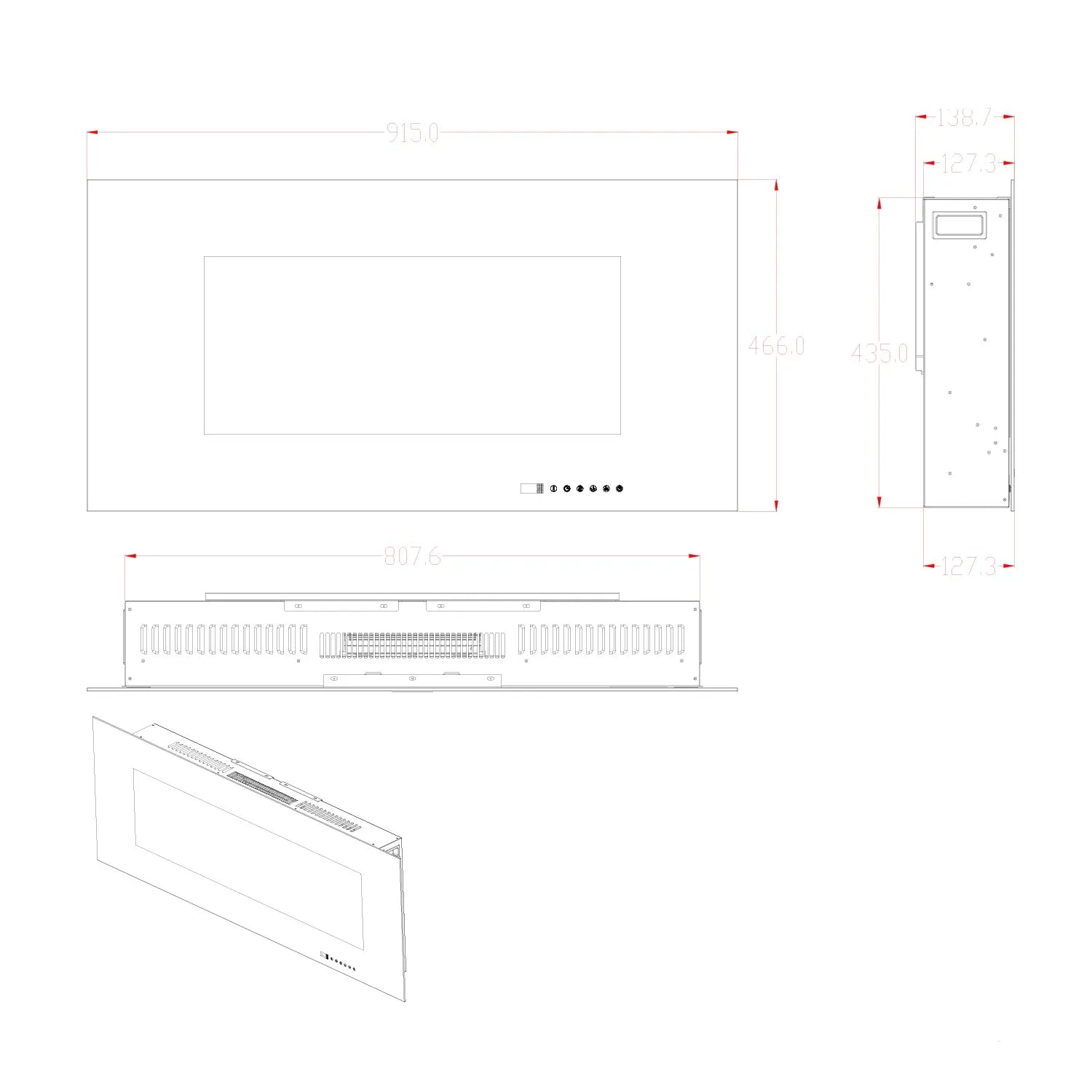 Technical drawing of Azurite 91 cm wall-mounted electric fireplace with dimensions and design details.