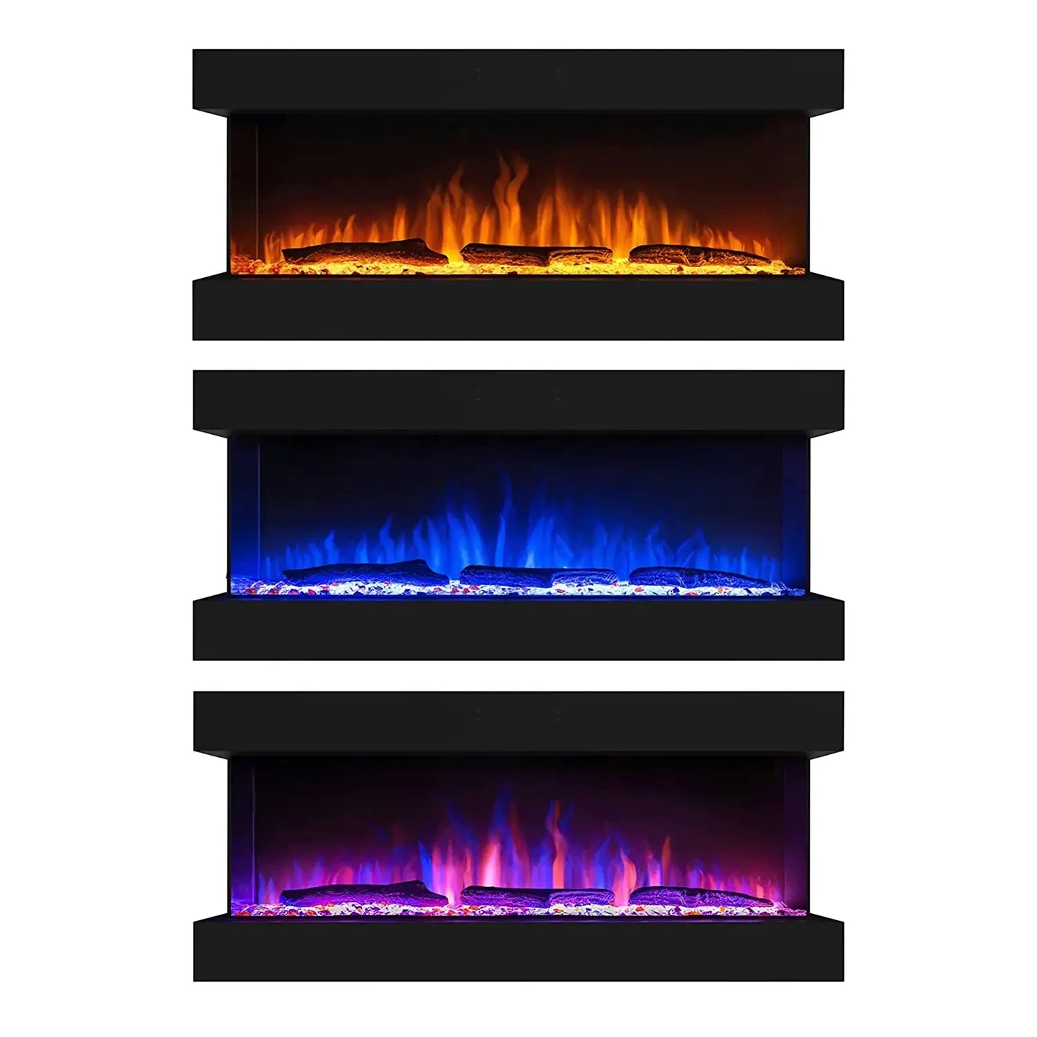 Feroza 137 cm wall-mounted electric fireplace with three flame color options, showcasing beautiful decorative logs and stones.