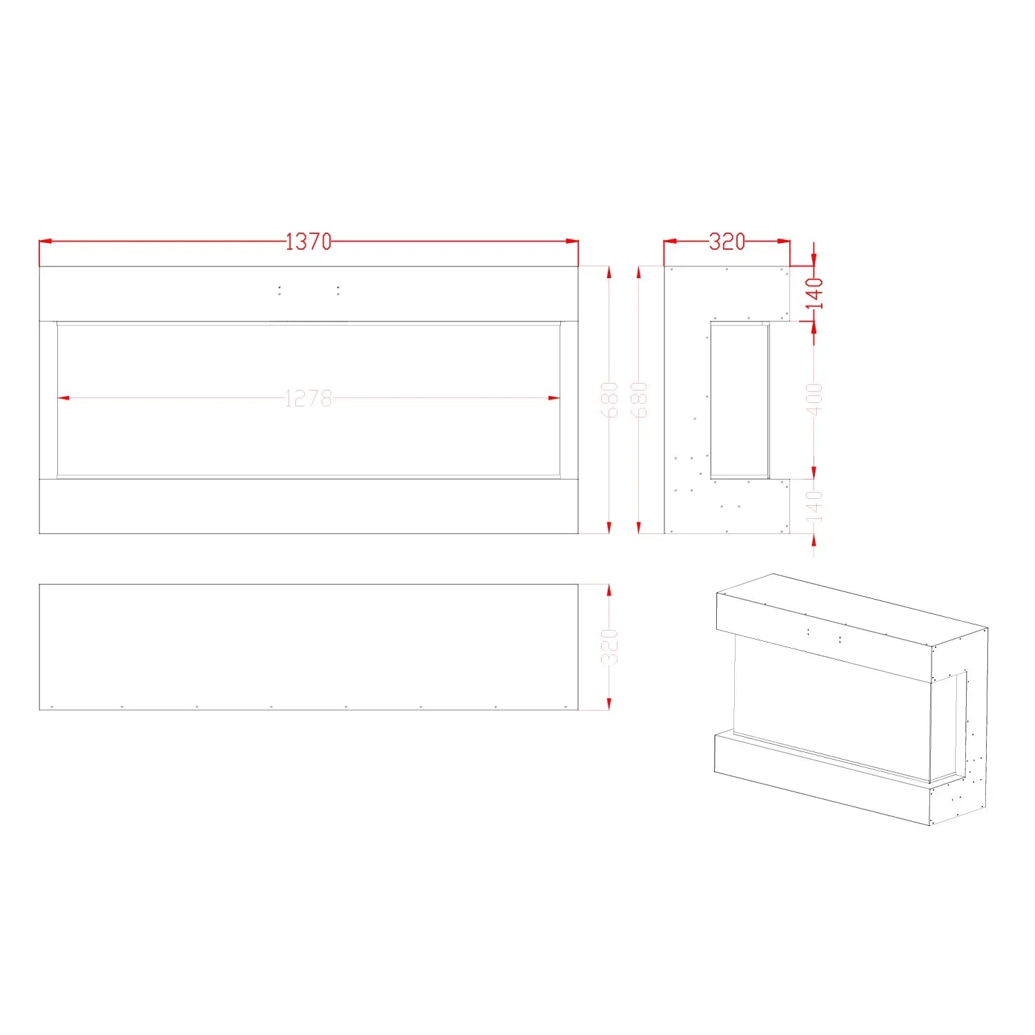 Technical dimensions of the Feroza 137 cm wall-mounted electric fireplace, showcasing width, height, and depth measurements.