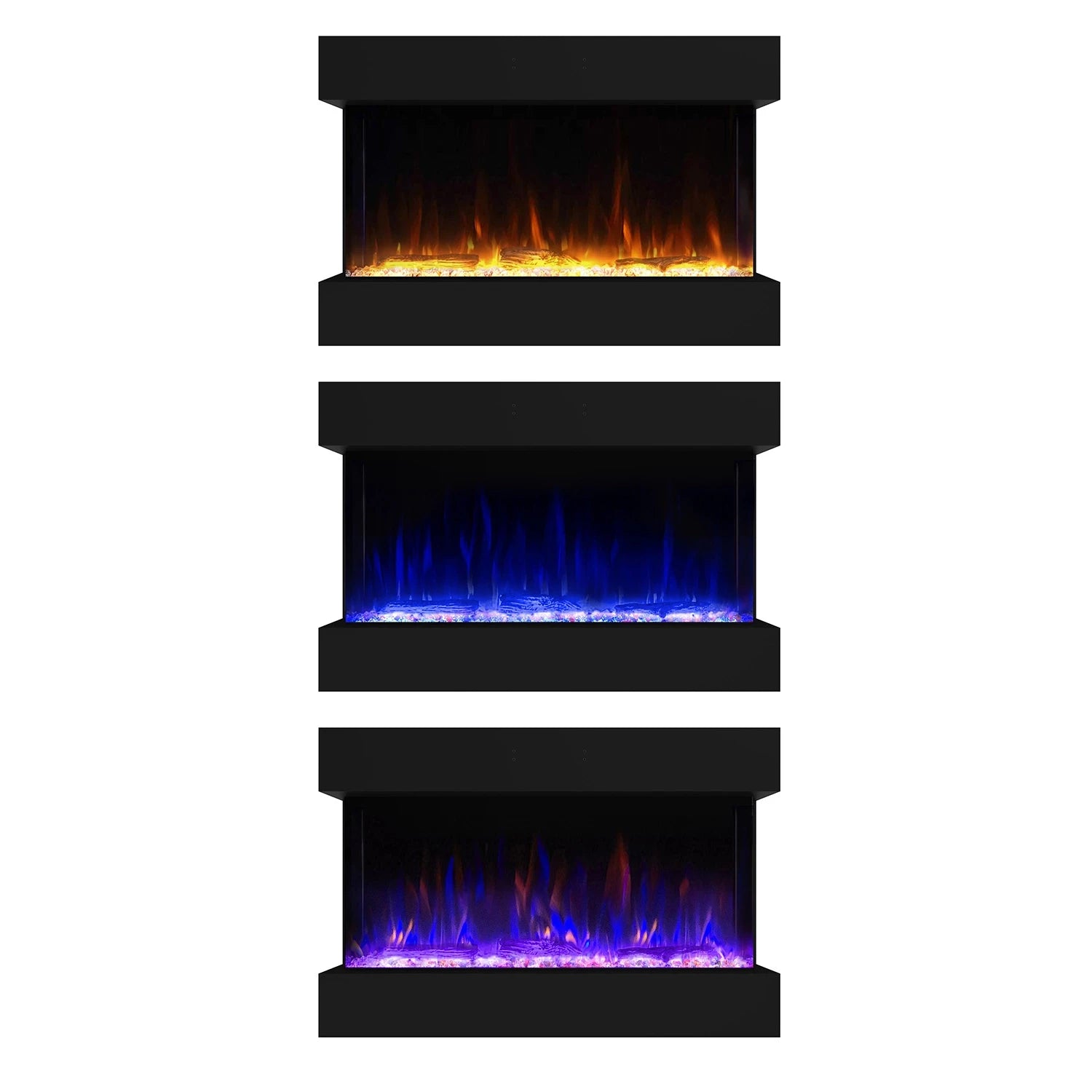 ScandiFlames Feroza wall-mounted electric fireplace with three flame color options.