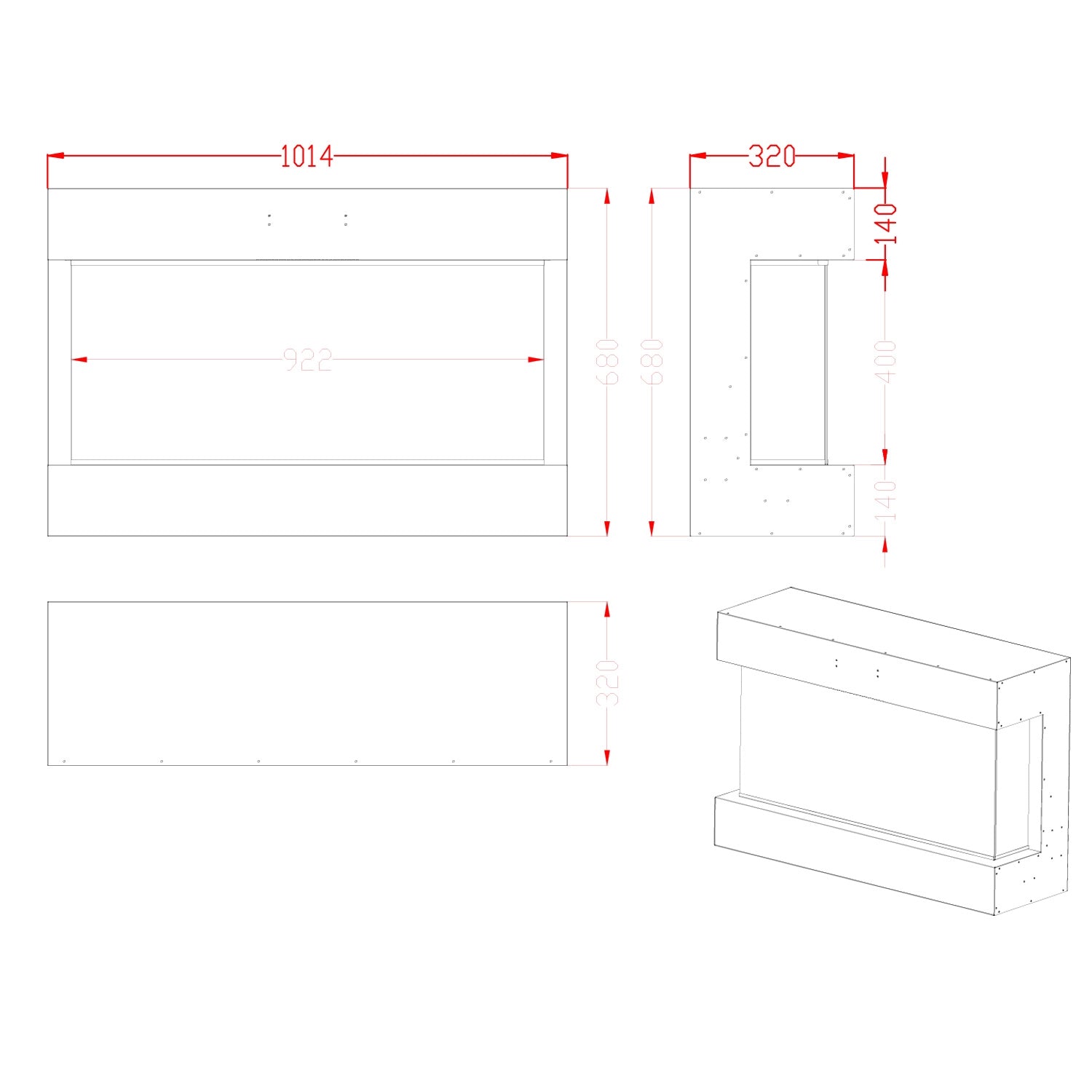 Diagram showing dimensions of the ScandiFlames Feroza 101 cm wall-mounted electric fireplace.