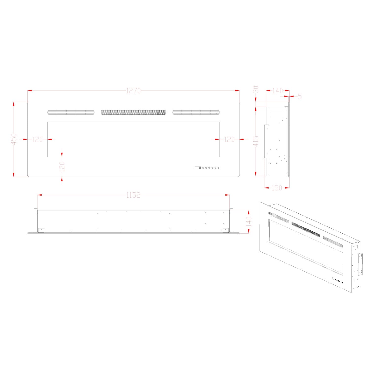 Titanite 127 cm - Built-in Fireplace