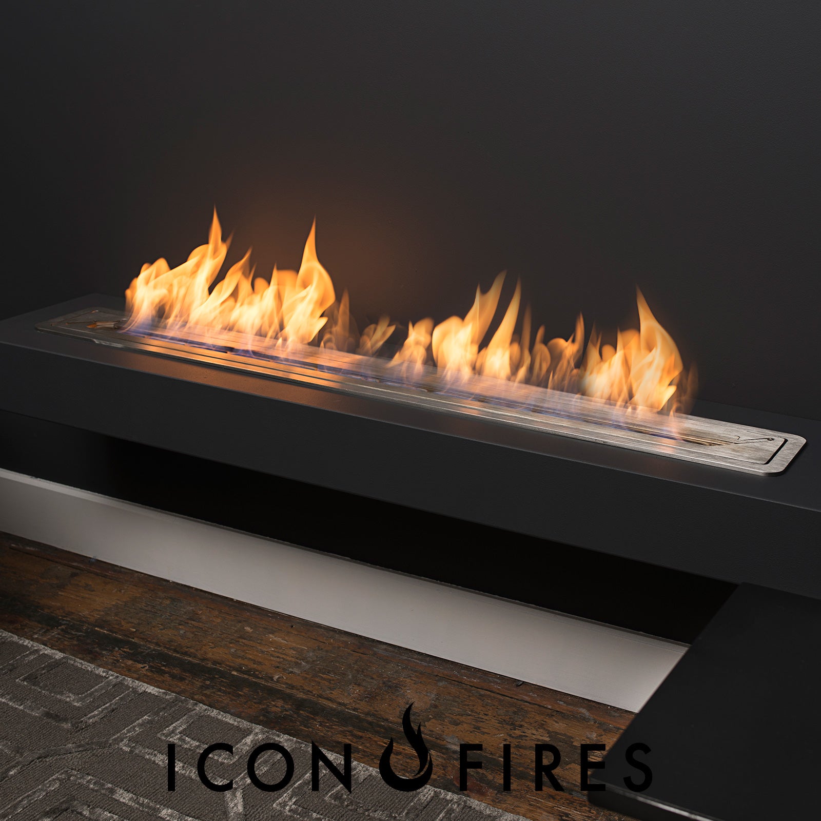 Icon Fires Mid Burner Steel with vibrant flames, showcasing adjustable flame for heat output in a stylish setting.
