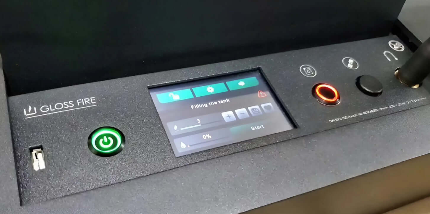 Control panel of the Automatic bioethanol fireplace DALEX Touch 1000 with touchscreen and buttons.