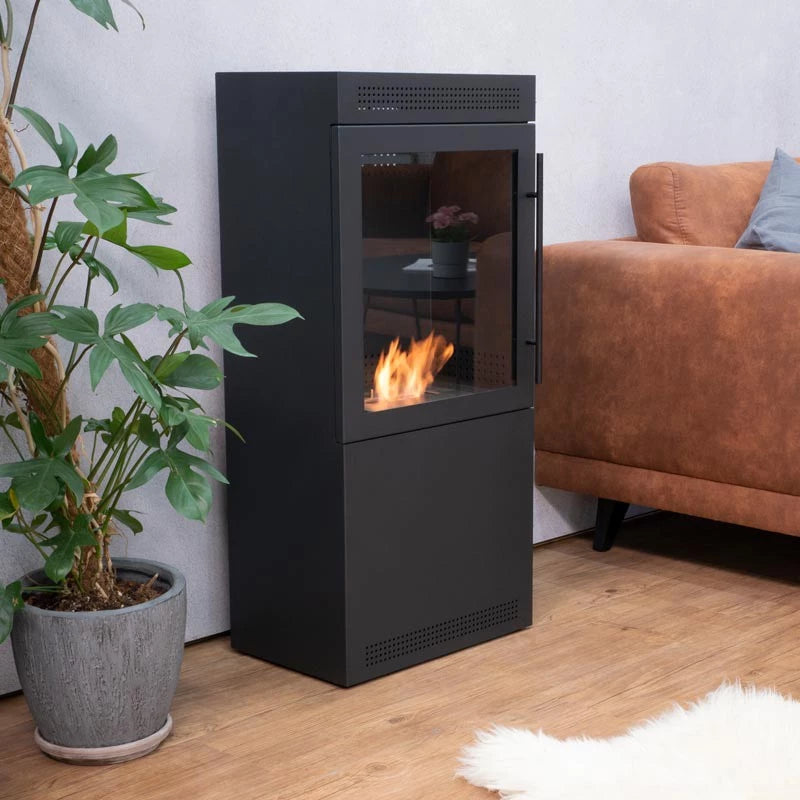 Stylish Jackson bioethanol fireplace in square design, freestanding, featuring glass and steel construction, with flames visible.