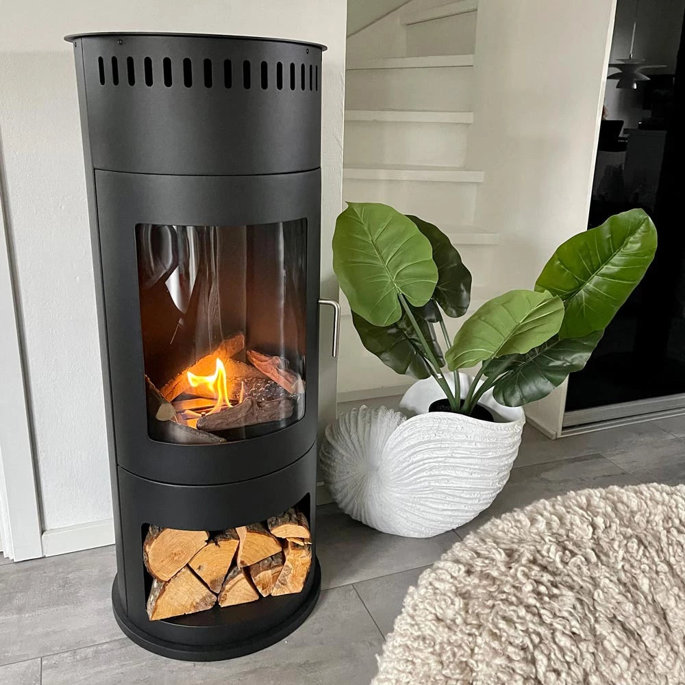 Free-standing Washington bioethanol wood-burning stove with a modern design, featuring a fire display and wood storage.