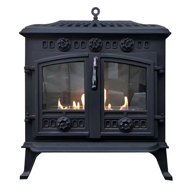 Spitsbergen cast iron bioethanol stove with glass doors and flames, inspired by Scandinavian designs.