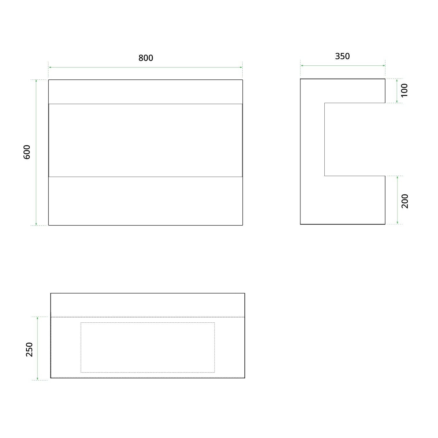 Dimensions diagram of ScandiFlames Steinsdal wall-mounted water vapour fireplace in white, showing three views and measurements.