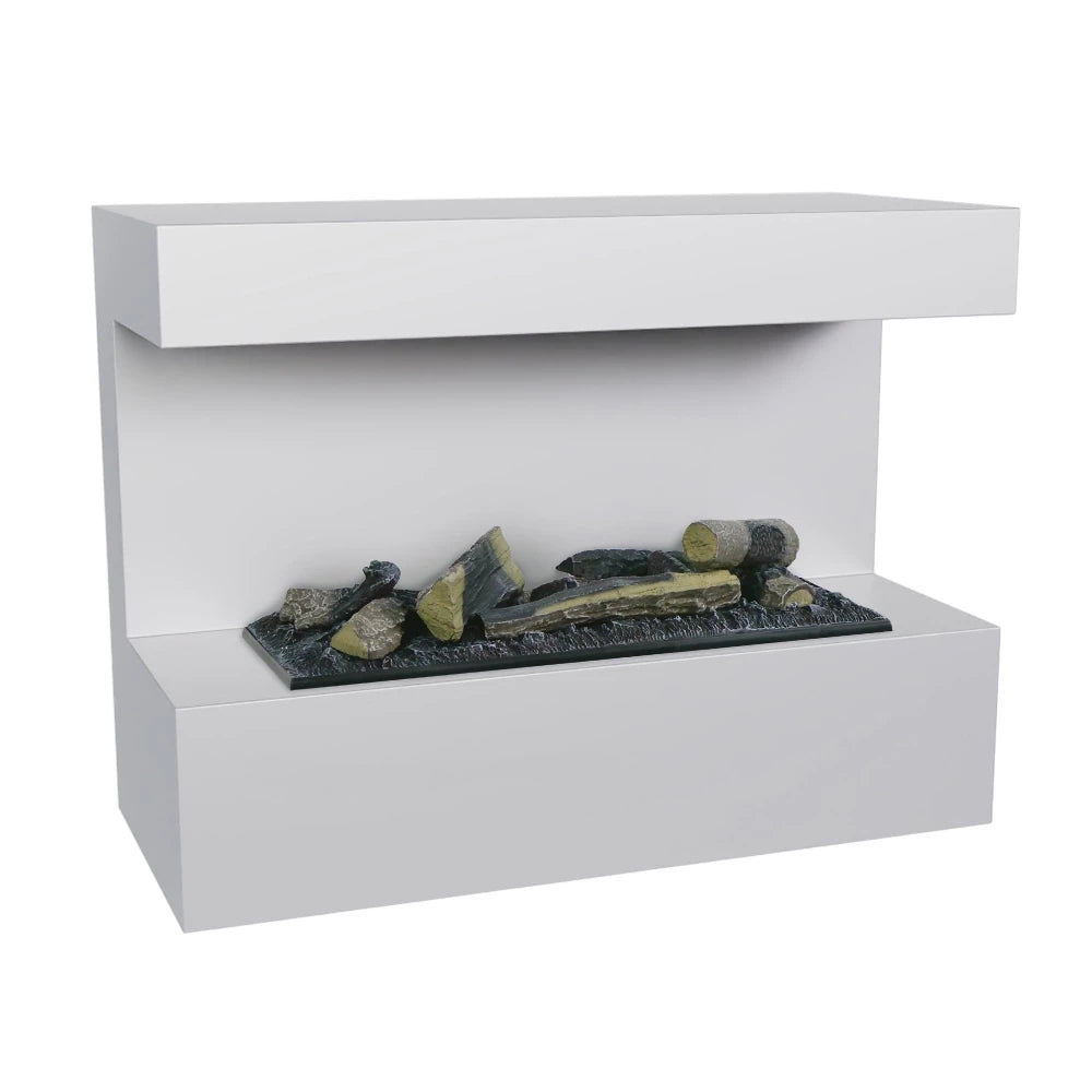 Steinsdal wall-mounted water vapor fireplace in white with log effect, showcasing modern Scandinavian design.