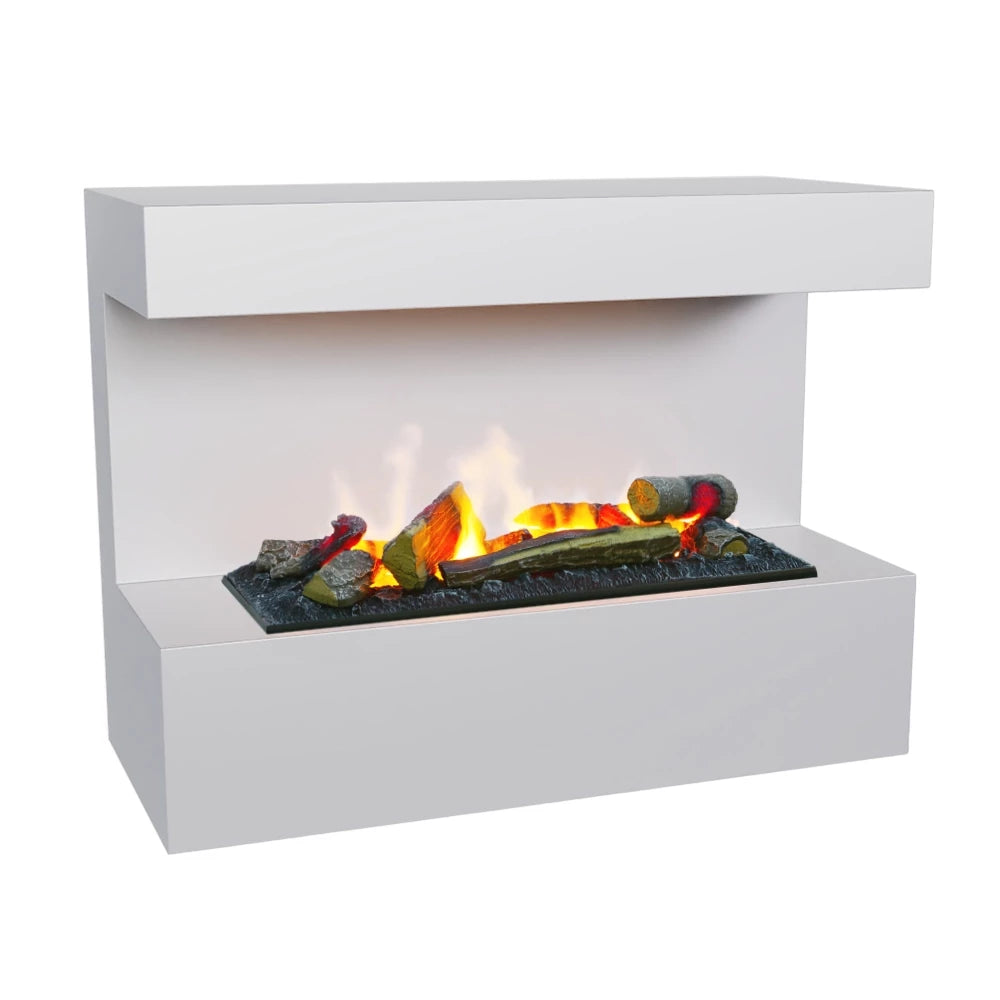 Steinsdal wall-mounted water vapour fireplace in white with LED flame effects, showcasing a modern design.