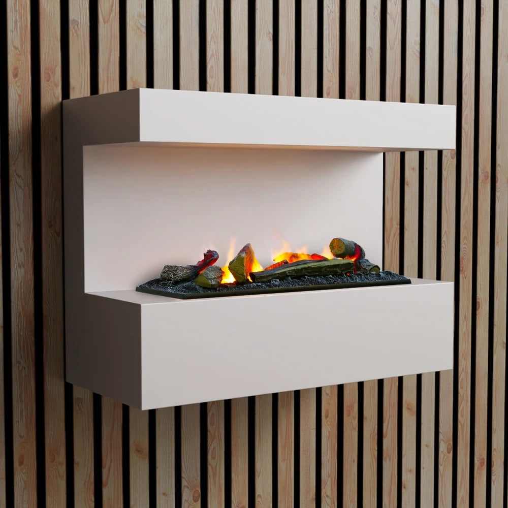 Steinsdal wall-mounted water vapor fireplace in white, featuring LED flame effects and modern design.