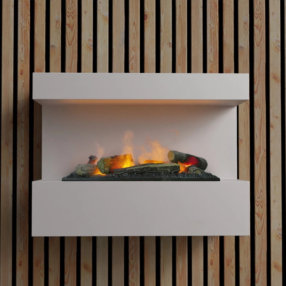 ScandiFlames Electric Steinsdal wall-mounted water vapour fireplace in white with realistic flame effects.