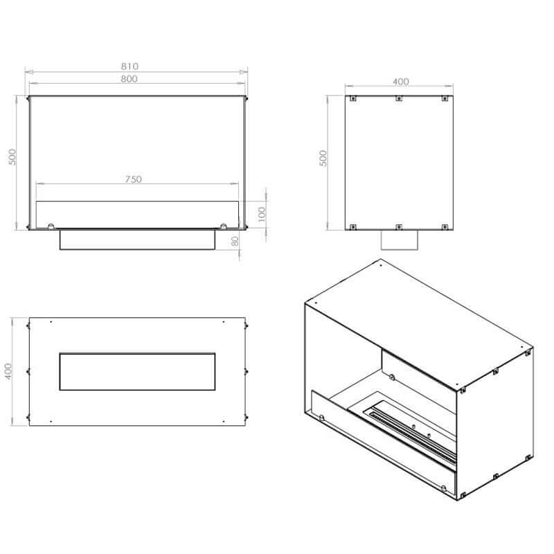 Dimensions and design layout of the Fireplace Foco Two 800 bioethanol fireplace with stainless steel construction.