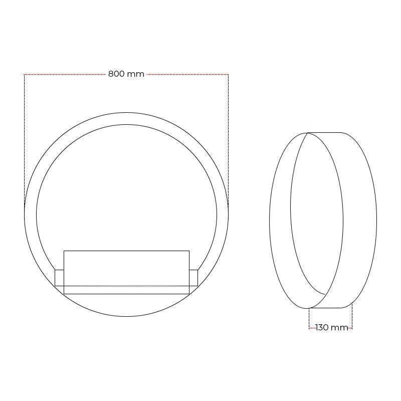 Technical drawing of Delaware XL black round fireplace design with dimensions 800mm diameter and 130mm depth.