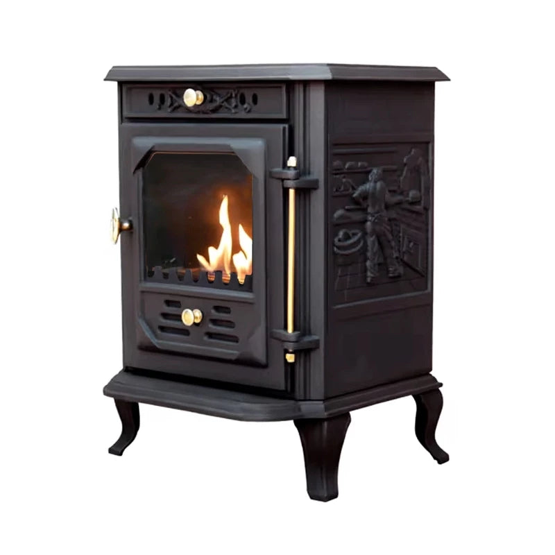 Ulvik cast iron bioethanol fireplace with elegant carvings and adjustable flames, showcasing traditional Scandinavian design.