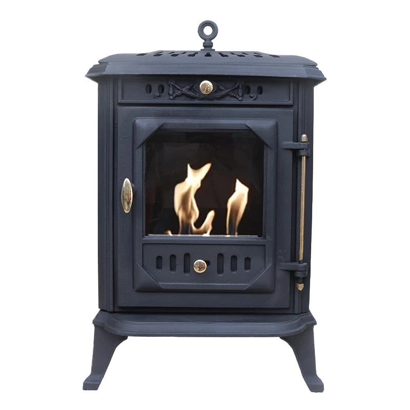 Ulvik cast iron bioethanol fireplace with flames, inspired by Scandinavian wood stoves, showcasing elegant carvings.