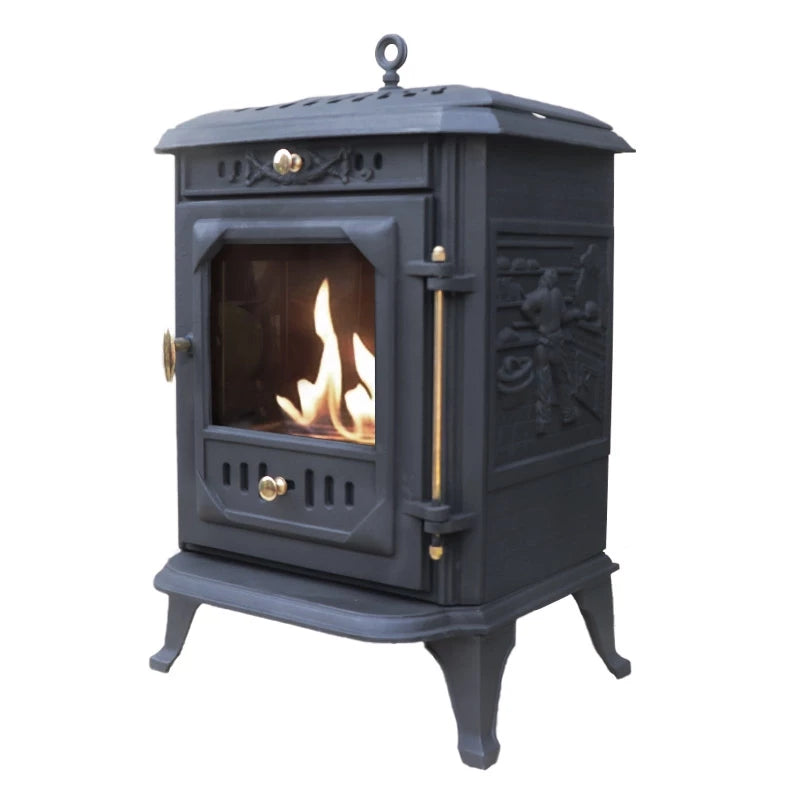 Ulvik cast iron bioethanol fireplace with decorative carvings and adjustable flames, providing warmth and elegance.