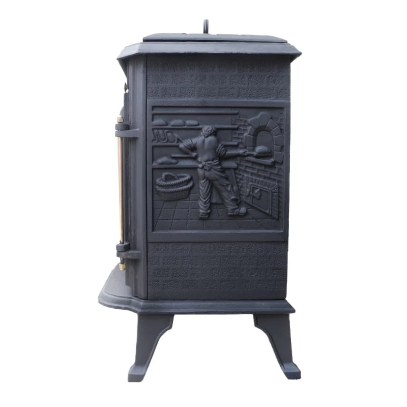 Ulvik cast iron bioethanol fireplace with traditional Scandinavian design and decorative carvings.