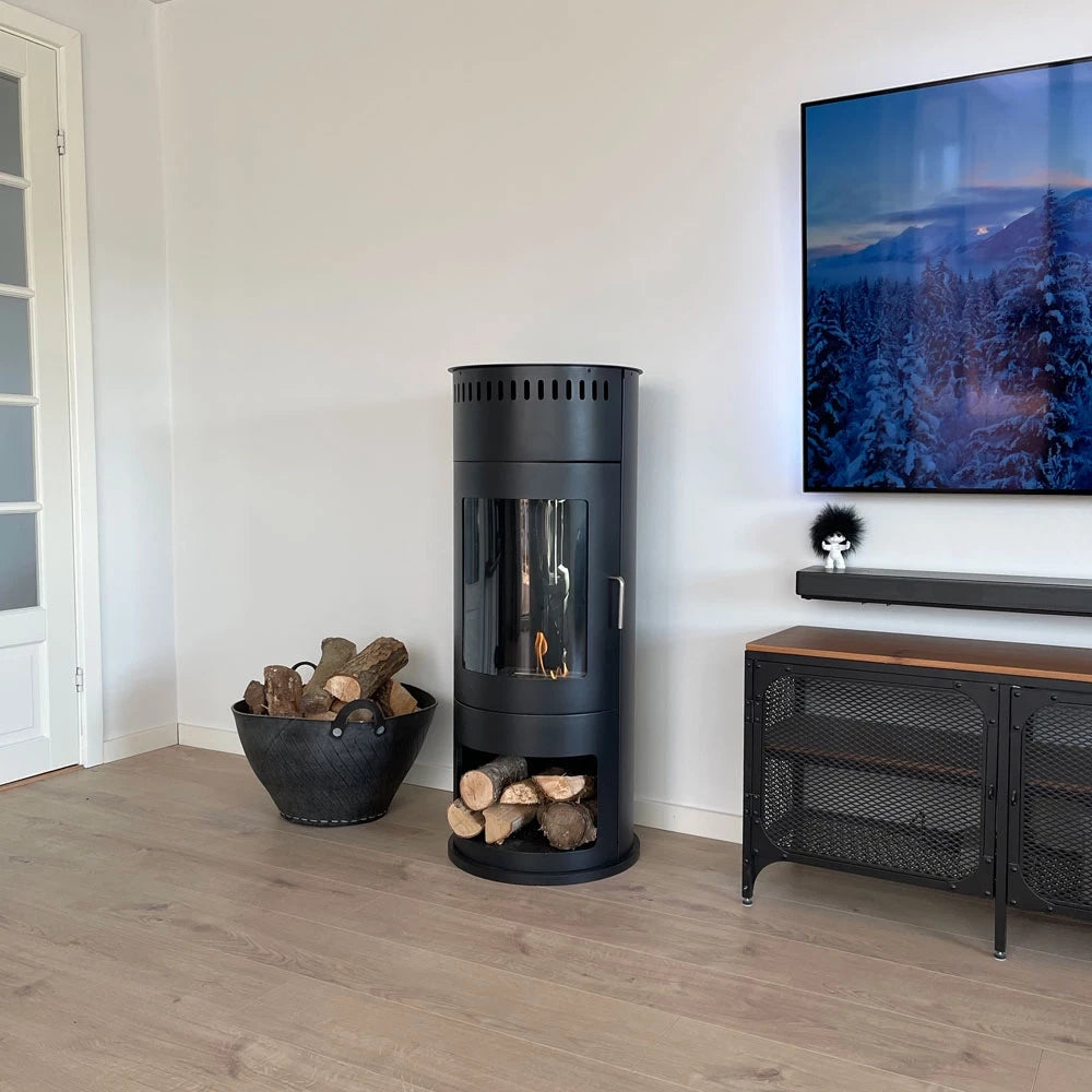 Washington bioethanol wood-burning stove in modern living room with log storage and television.