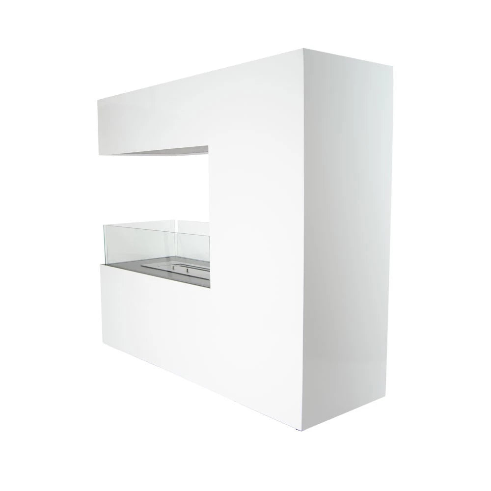 Large freestanding white bioethanol fireplace with glass protection and modern design, ideal for floor or wall mounting.