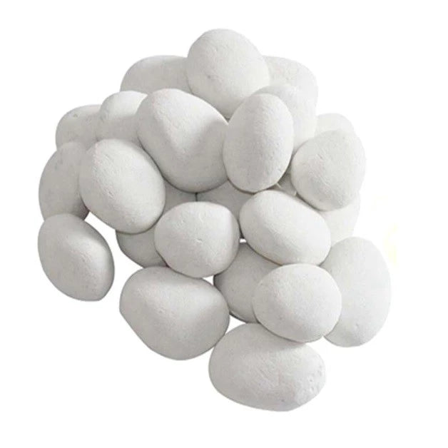 Decorative white ceramic pebbles for bio fireplace, 24 pieces, each approximately 5-7 cm in size.