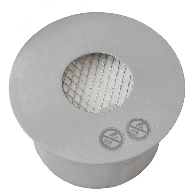 Round stainless steel bioethanol burner top with mesh grate and engraved logos, ideal for DIY fireplaces.
