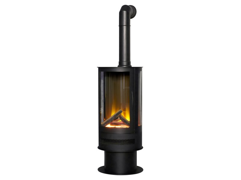Acantha Orbit Cylinder Electric Stove in Black with Tall Angled Stove Pipe in Black