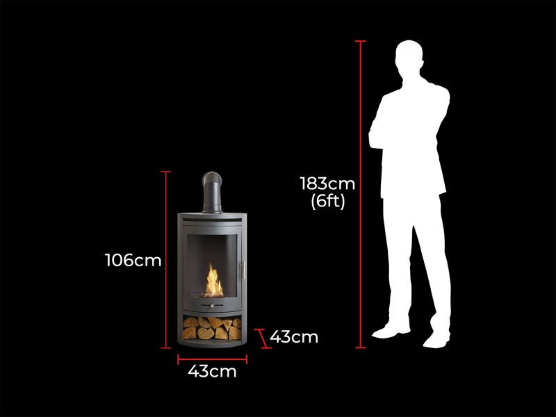 OKO S5 Bio Ethanol Cylinder Stove with Log Storage in Charcoal Grey & Angled Stove Pipe