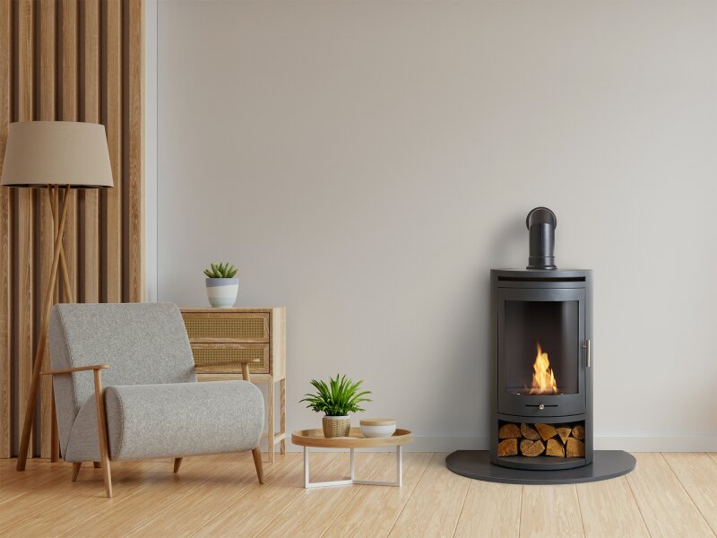 OKO S5 Bio Ethanol Cylinder Stove with Log Storage in Charcoal Grey & Angled Stove Pipe