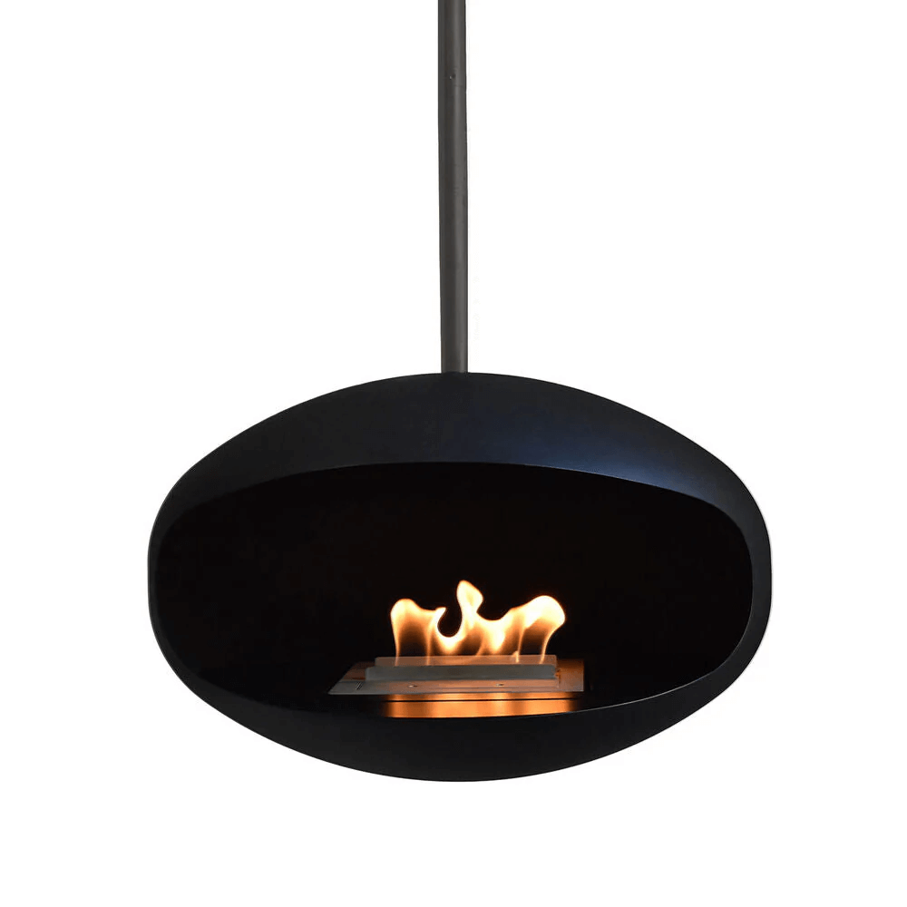 Cocoon Aeris matte black bioethanol fireplace with flames, modern ceiling-mounted design for elegant decor.