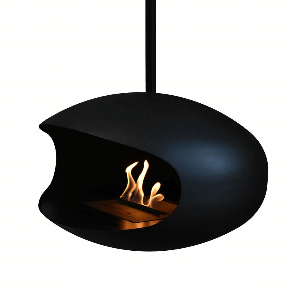 Cocoon Aeris matte black bioethanol fireplace with flames, modern ceiling-mounted design for cozy ambiance.