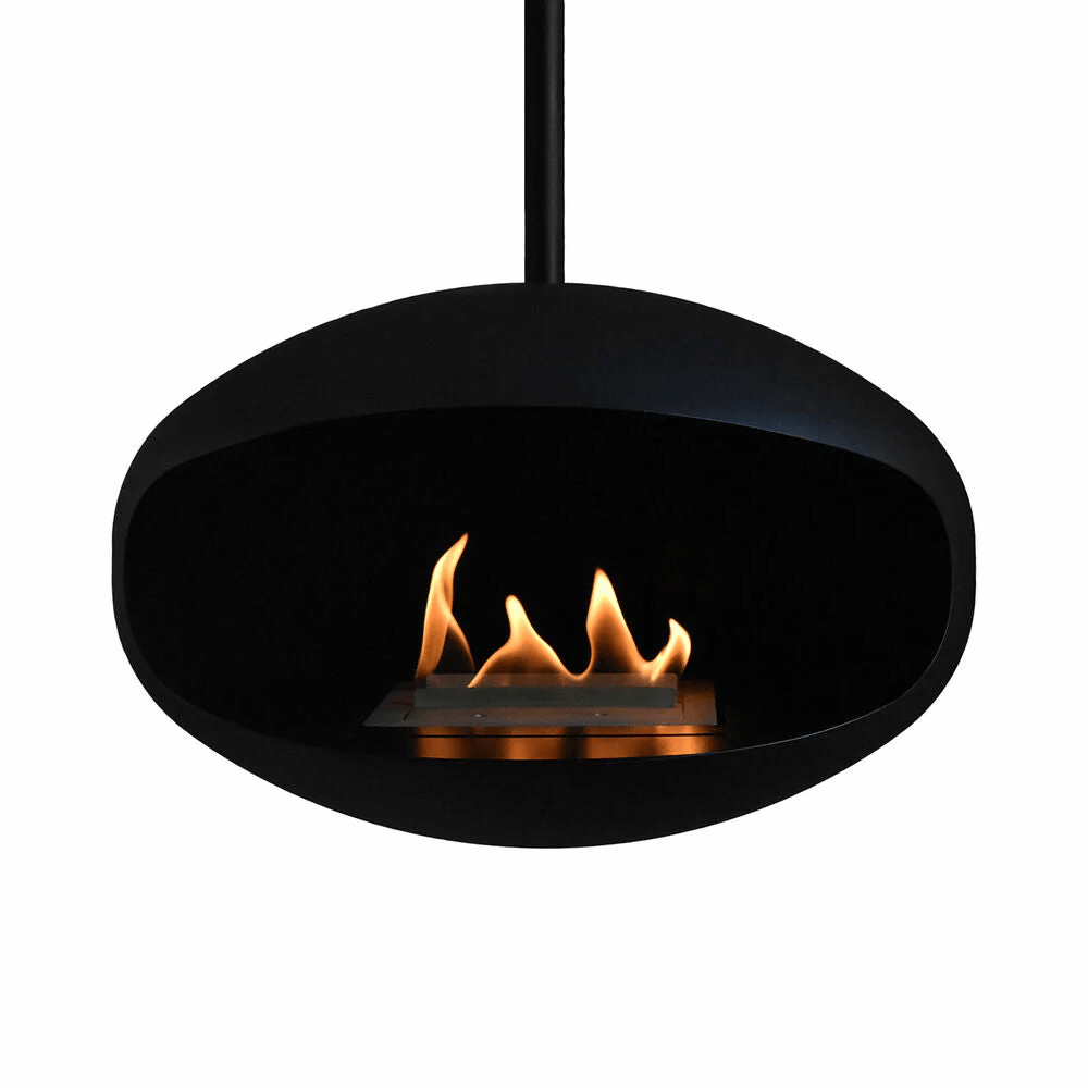 Cocoon Aeris matte black bioethanol fireplace with flames, modern ceiling-mounted design for elegant living spaces.