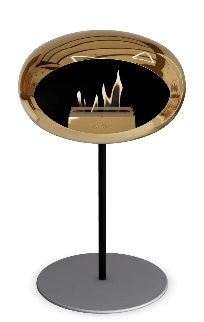 Freestanding Le Feu Dome Bioethanol Fireplace in Chromed Rose Gold, perfect for stylish indoor and outdoor living.