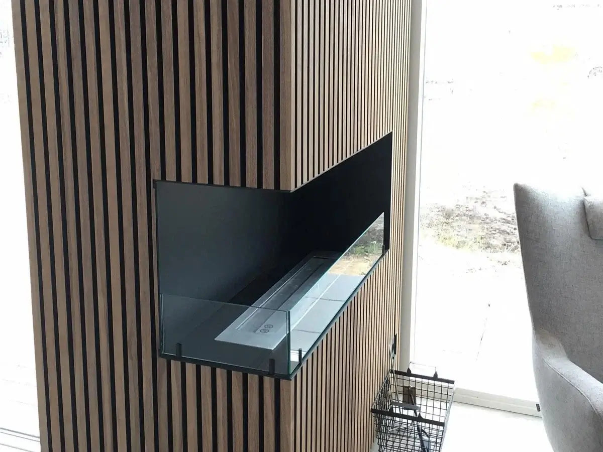 Contemporary built-in bioethanol fireplace with vertical wooden design, ideal for modern interiors.