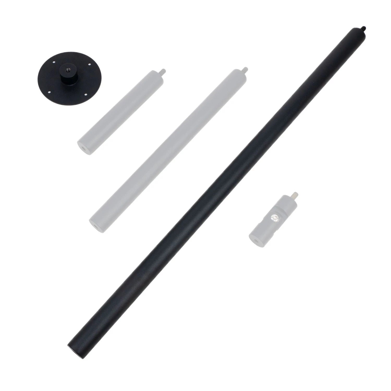 Components of a hanging bioethanol fireplace installation kit, including rods and mounting plate.