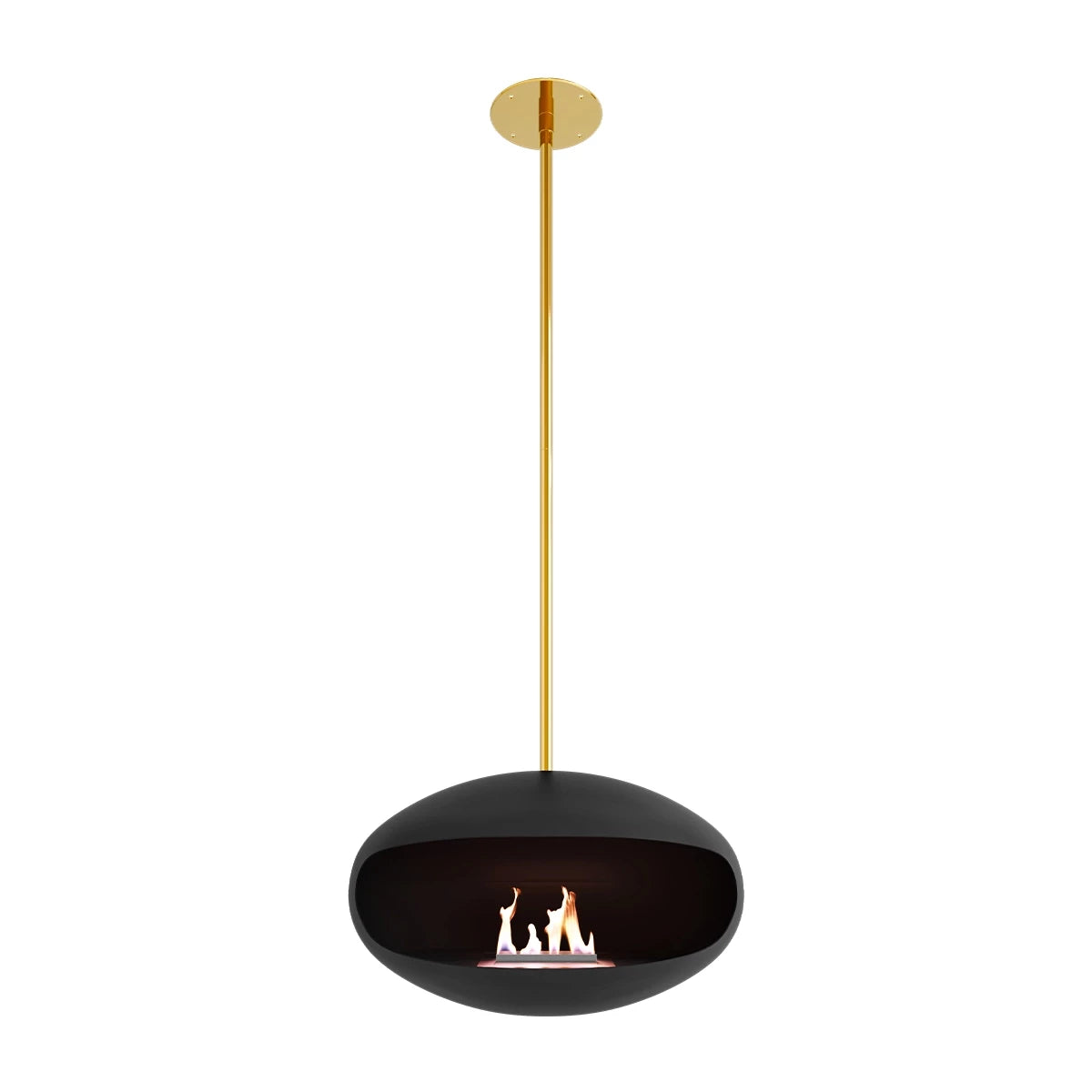 Cocoon Aeris Black bioethanol fireplace with brass mounting, hanging design and manual burner for easy installation.
